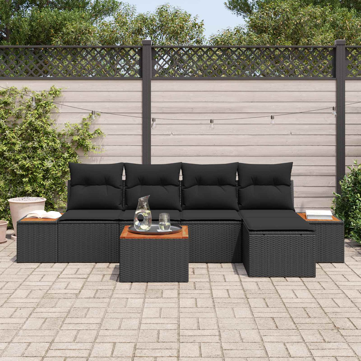 Havesofa Sæt 6 stk. 5-Antal sæder Sort Polyrattan