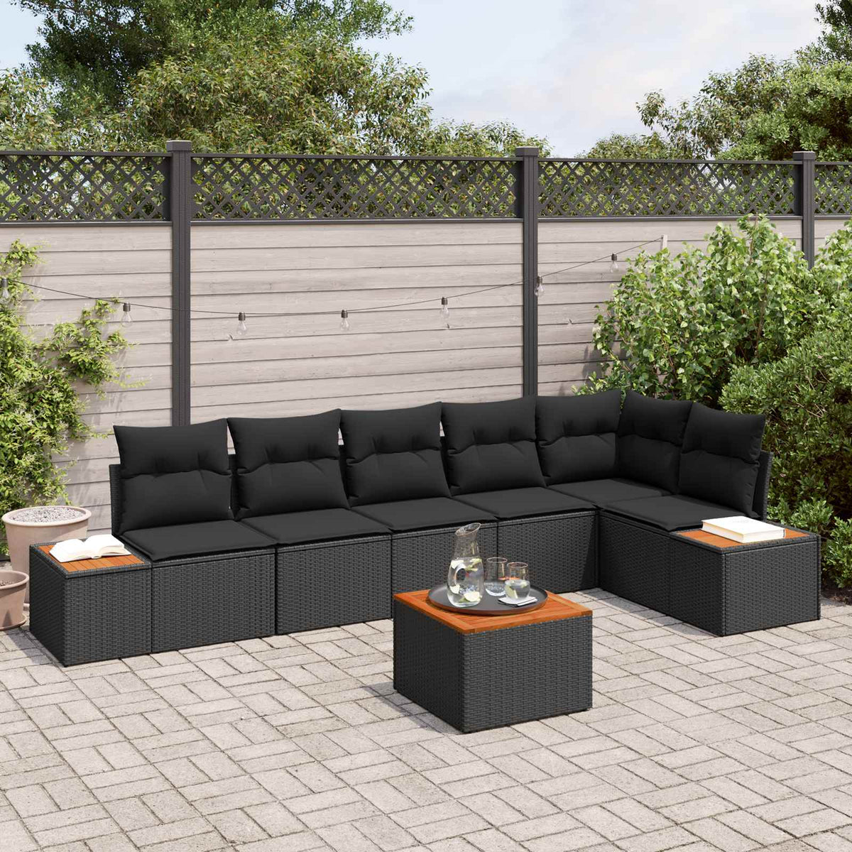 Havesofa Sæt 6 stk. 6-Antal sæder Sort Polyrattan