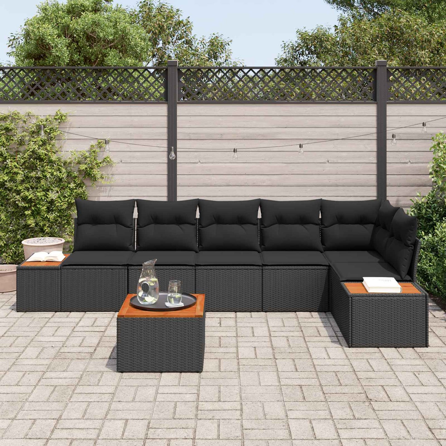 Havesofa Sæt 6 stk. 6-Antal sæder Sort Polyrattan