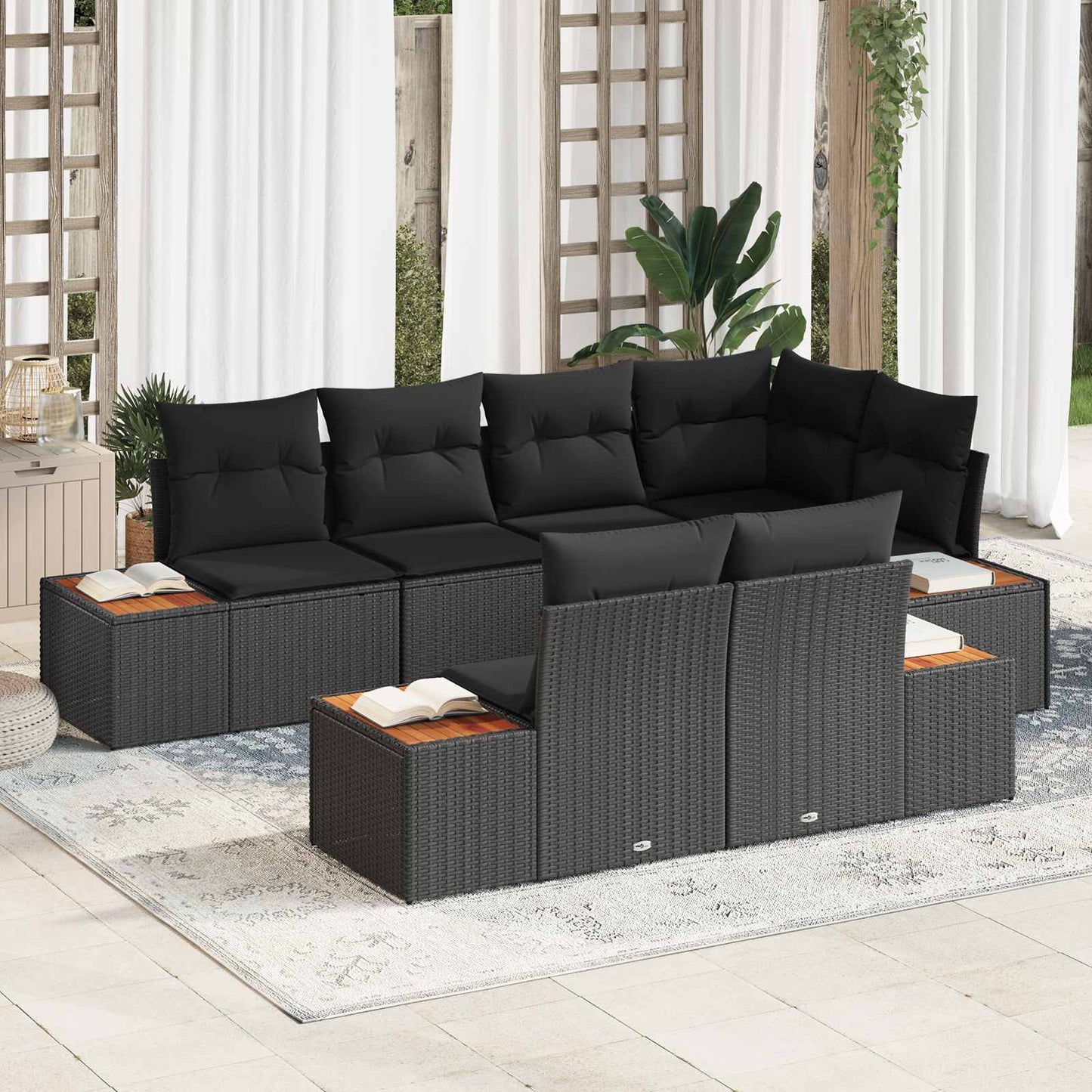 Havesofa Sæt 7 stk. 7-Antal sæder Sort Polyrattan