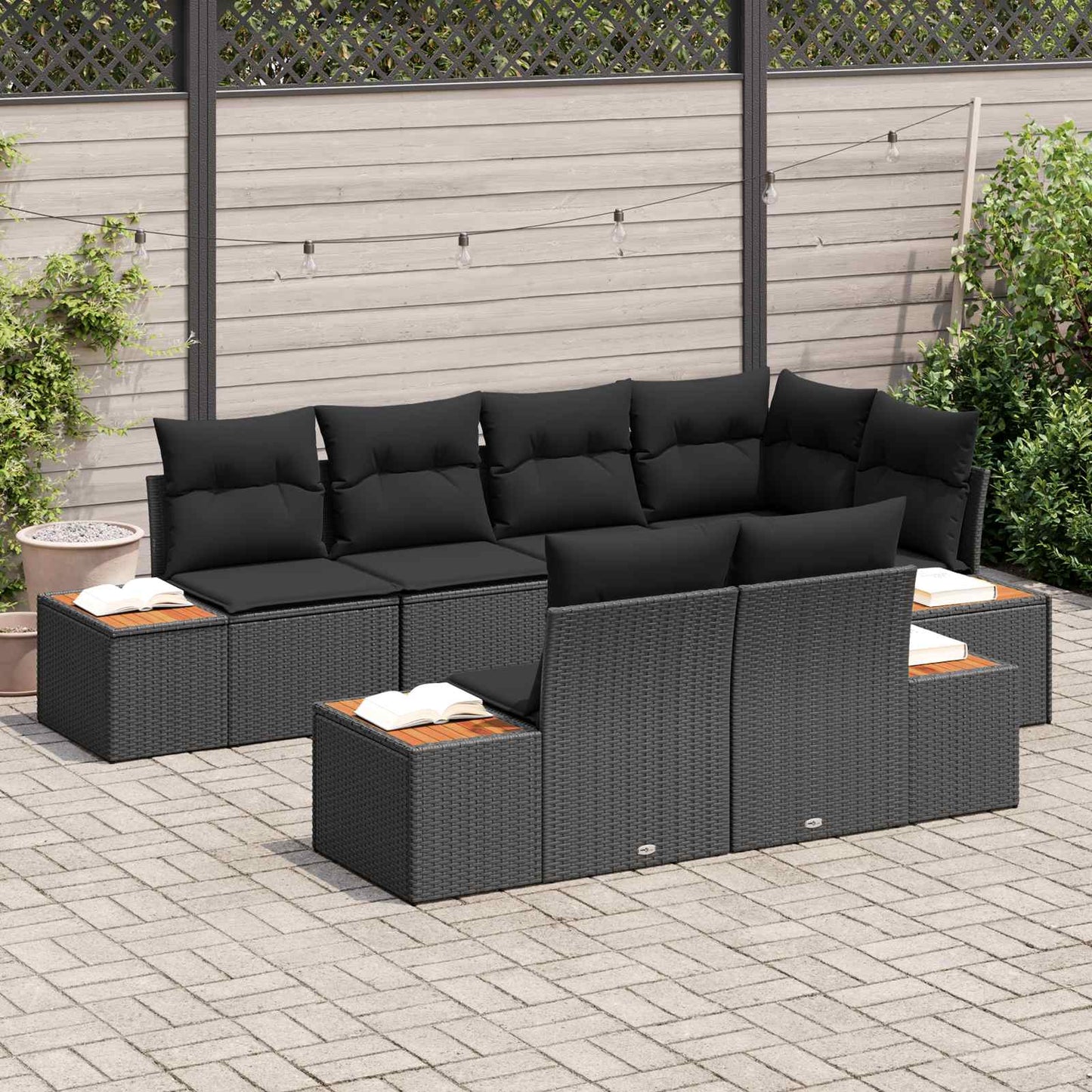 Havesofa Sæt 7 stk. 7-Antal sæder Sort Polyrattan