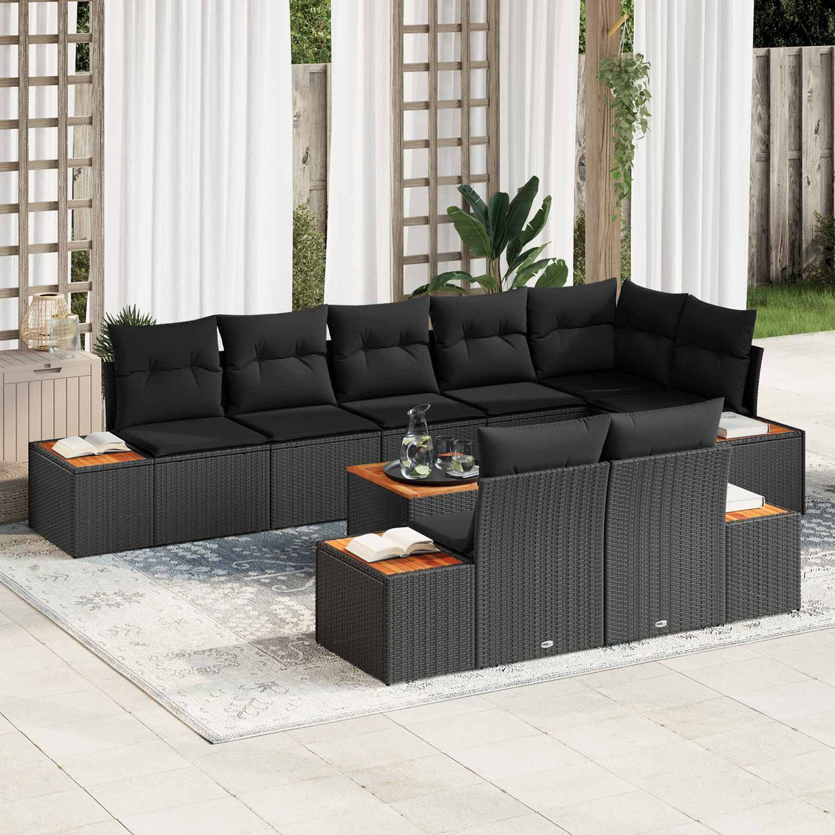Havesofa Sæt 8 stk. 8-Antal sæder Sort Polyrattan