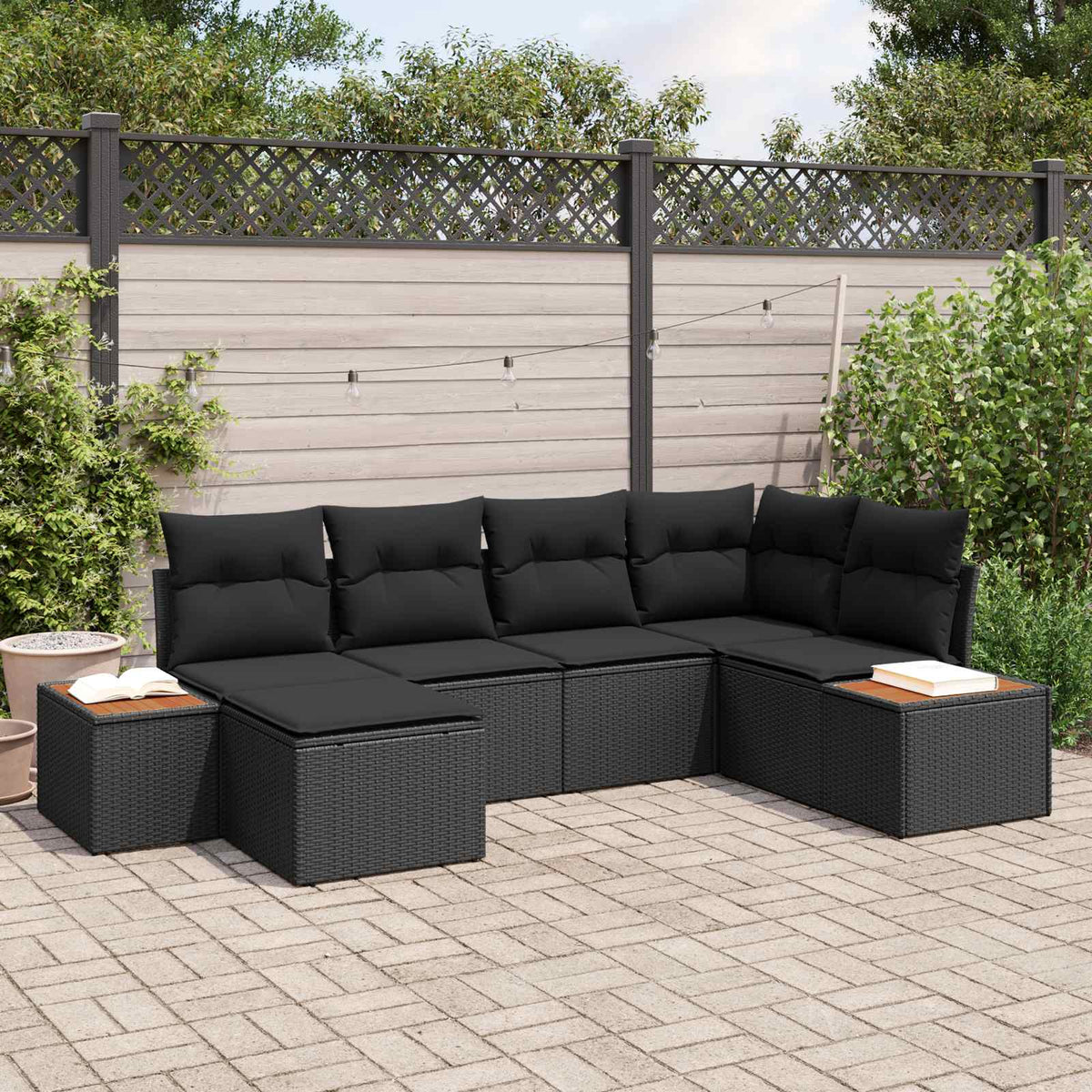 Havesofa Sæt 7 stk. 6-Antal sæder Sort Polyrattan
