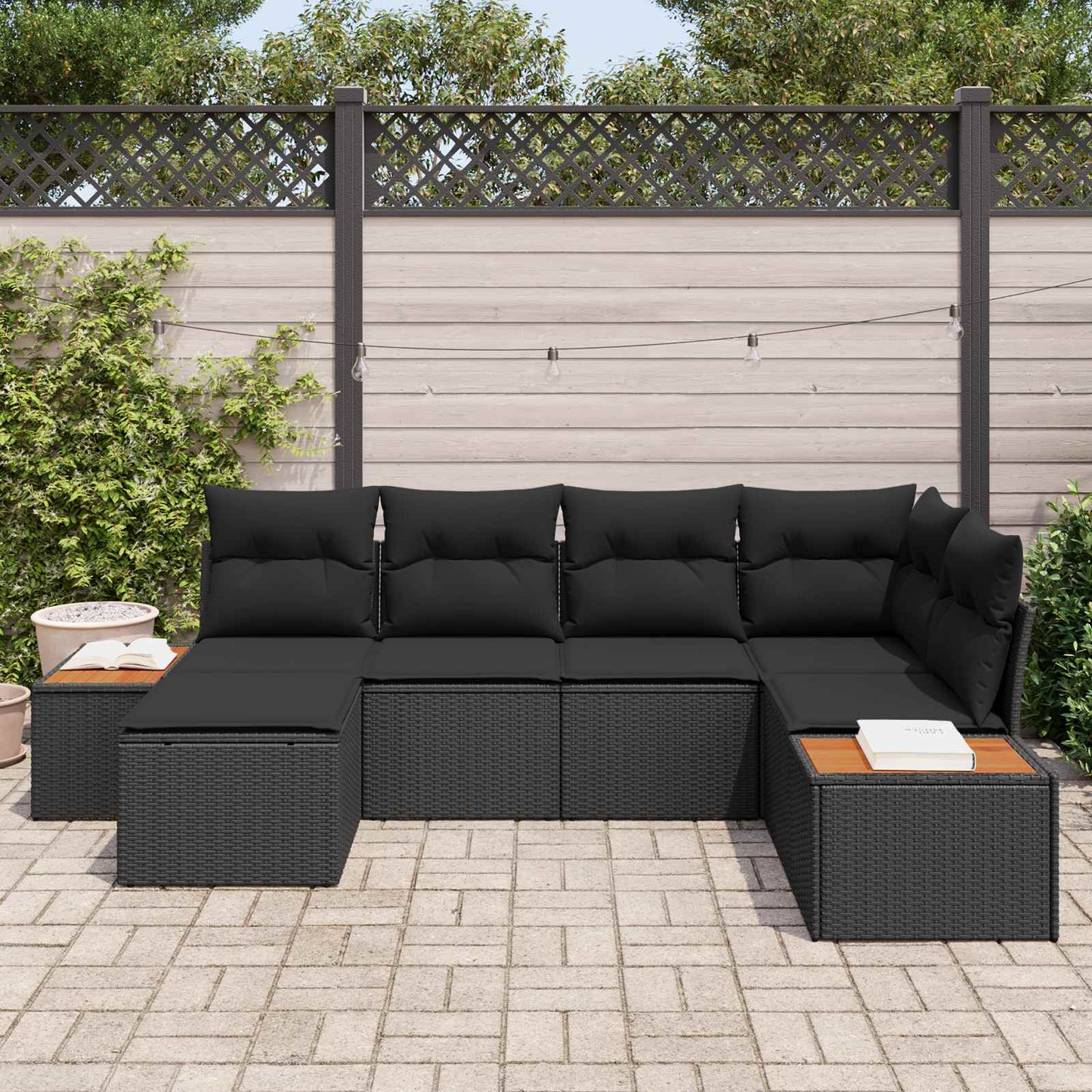 Havesofa Sæt 7 stk. 6-Antal sæder Sort Polyrattan
