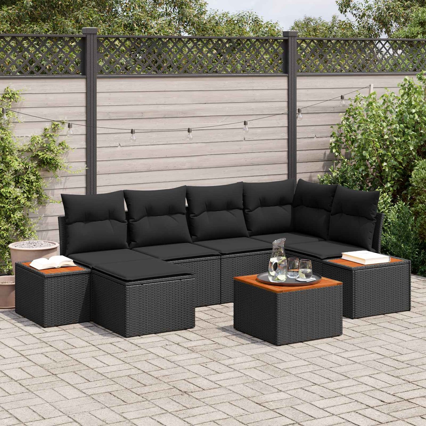 Havesofa Sæt 7 stk. 6-Antal sæder Sort Polyrattan