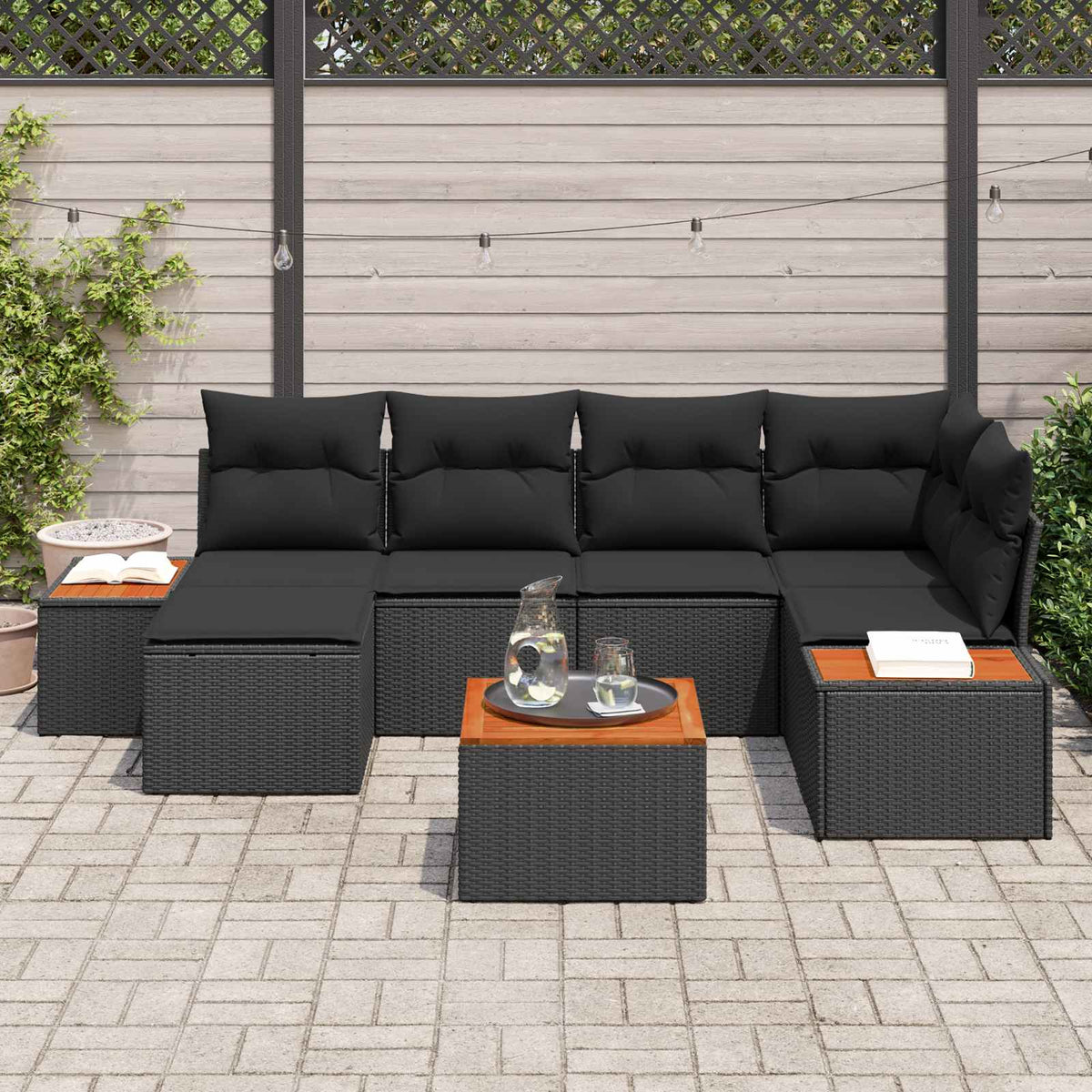 Havesofa Sæt 7 stk. 6-Antal sæder Sort Polyrattan