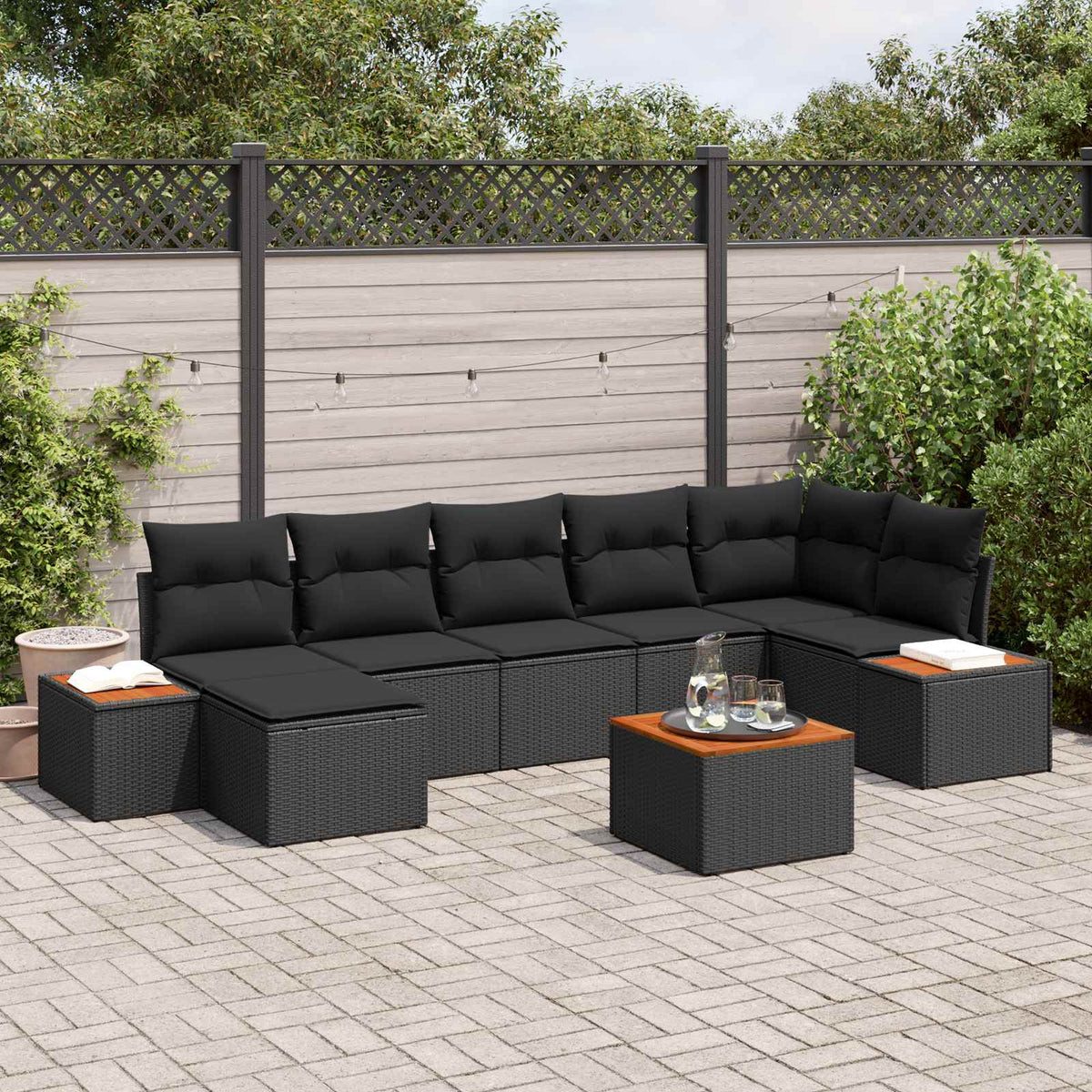 Havesofa Sæt 8 stk. 7-Antal sæder Sort Polyrattan