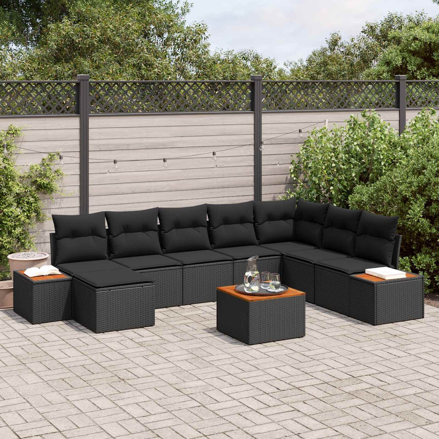 Havesofa Sæt 9 stk. 8-Antal sæder Sort Polyrattan