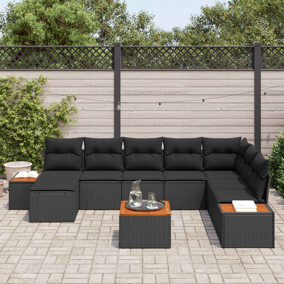 Havesofa Sæt 9 stk. 8-Antal sæder Sort Polyrattan