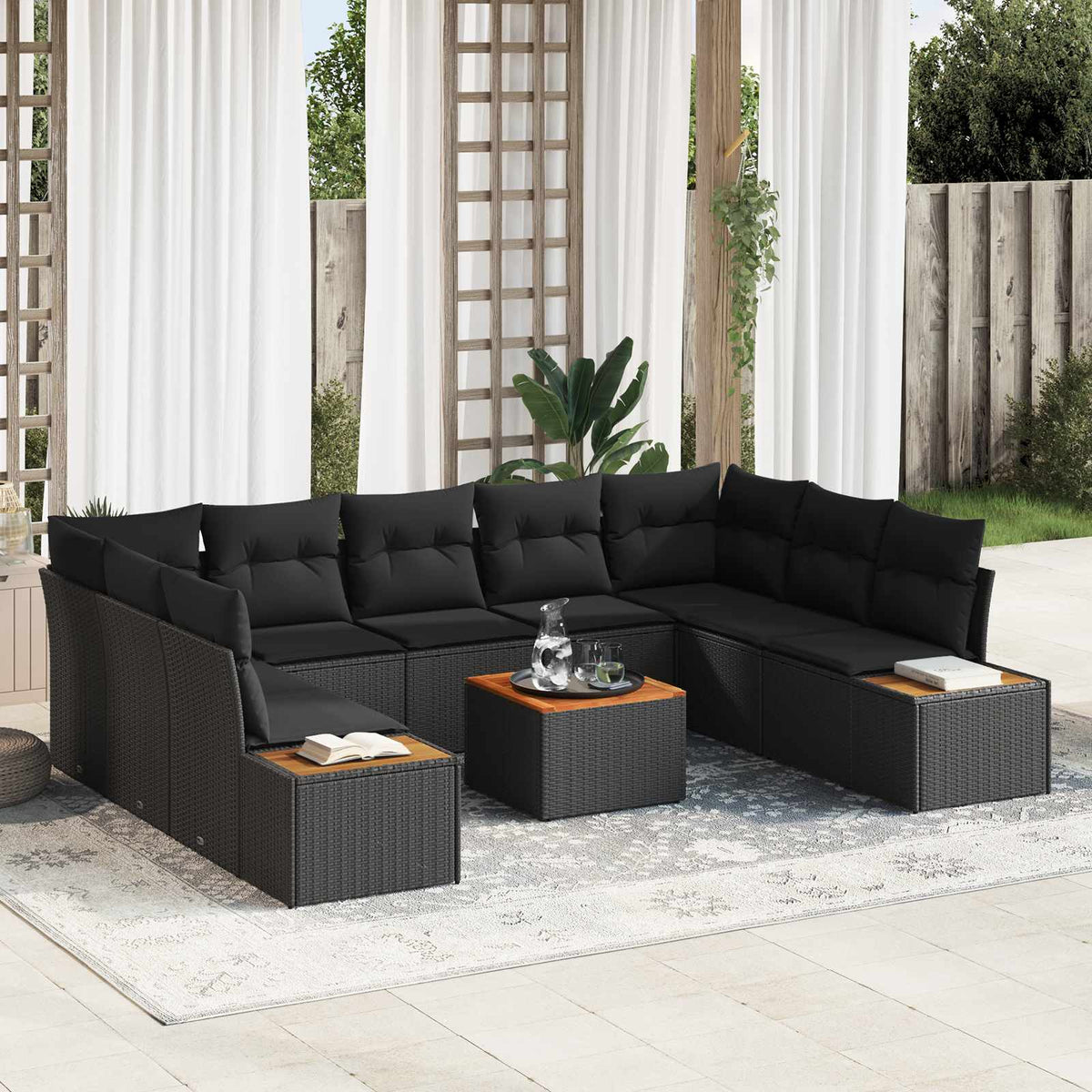 Havesofa Sæt 5 stk. 9-Antal sæder Sort Polyrattan