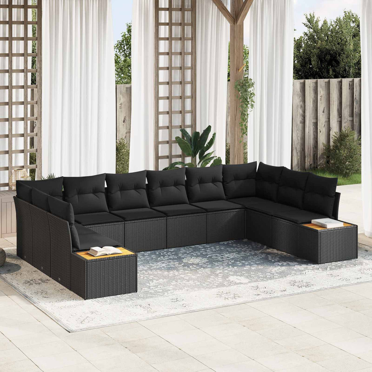 Havesofa Sæt 10 stk. 10-Antal sæder Sort Polyrattan