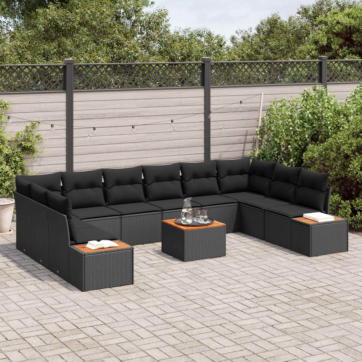Havesofa Sæt 10 stk. 10-Antal sæder Sort Polyrattan