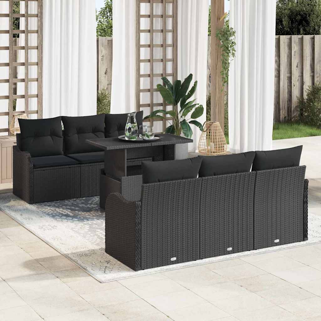 Havesofa Sæt 7 stk. 6-Antal sæder Sort Poly Rattan
