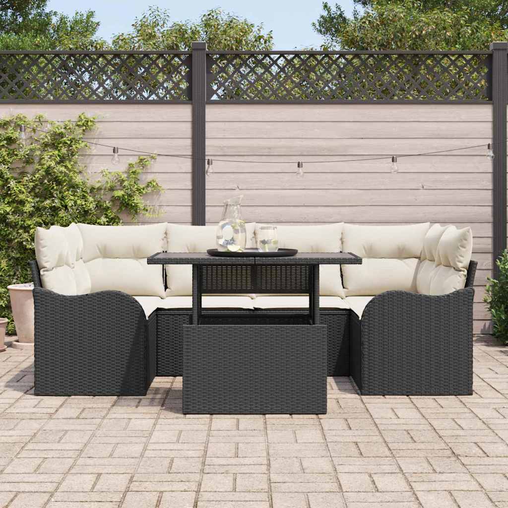 Havesofa Sæt 7 stk. 6-Antal sæder Sort Poly Rattan