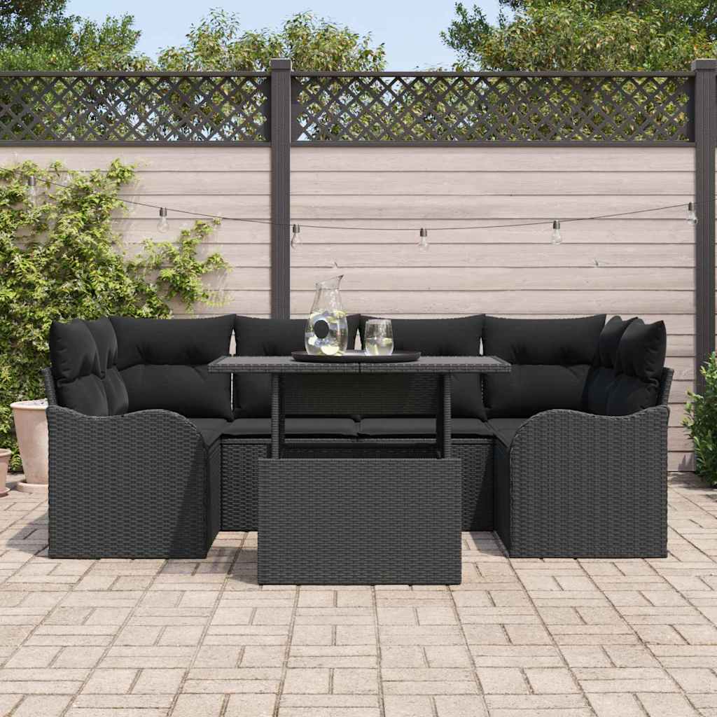 Havesofa Sæt 7 stk. 6-Antal sæder Sort Poly Rattan