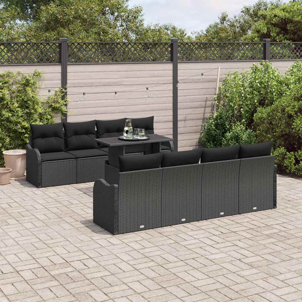 Havesofa Sæt 9 stk. 8-Antal sæder Sort Poly Rattan