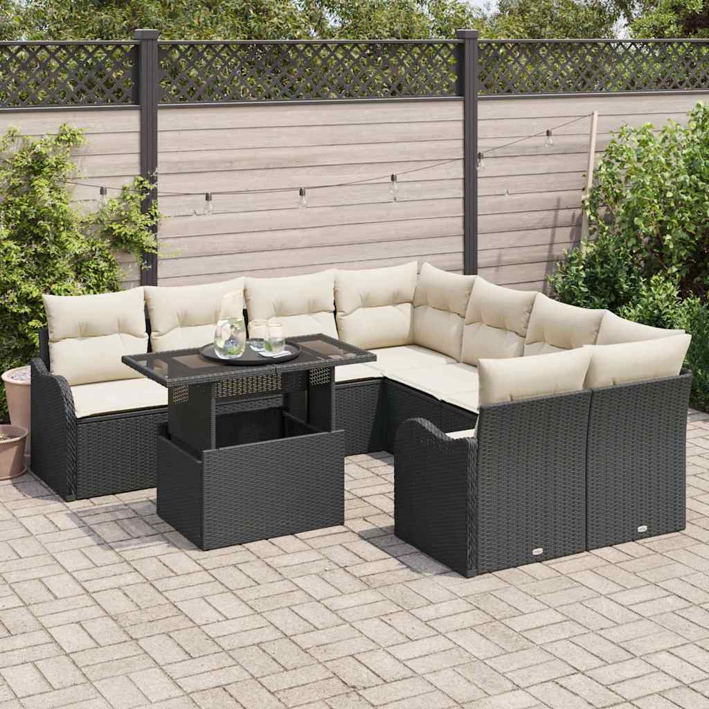 Havesofa Sæt 9 stk. 8-Antal sæder Sort Polyrattan