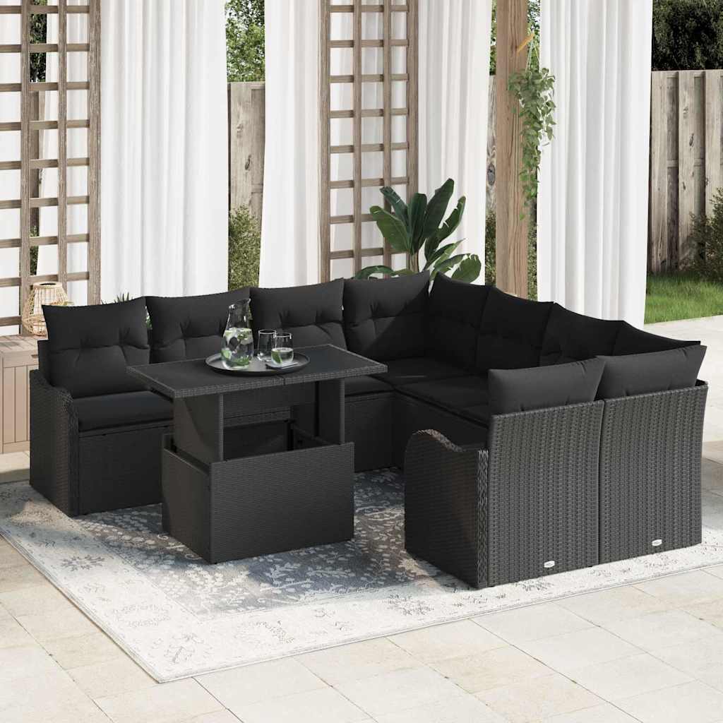 Havesofa Sæt 9 stk. 8-Antal sæder Sort Polyrattan