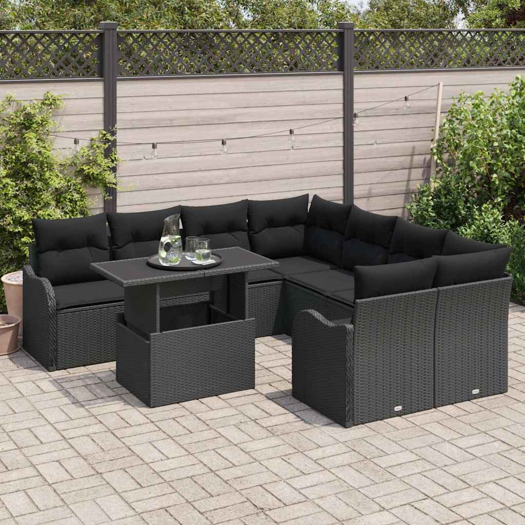 Havesofa Sæt 9 stk. 8-Antal sæder Sort Polyrattan