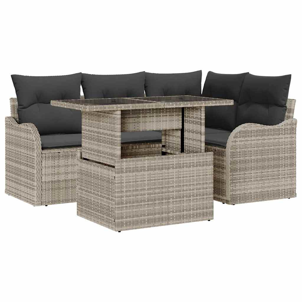 Havesofa Sæt 5 stk. Lysegrå Poly Rattan