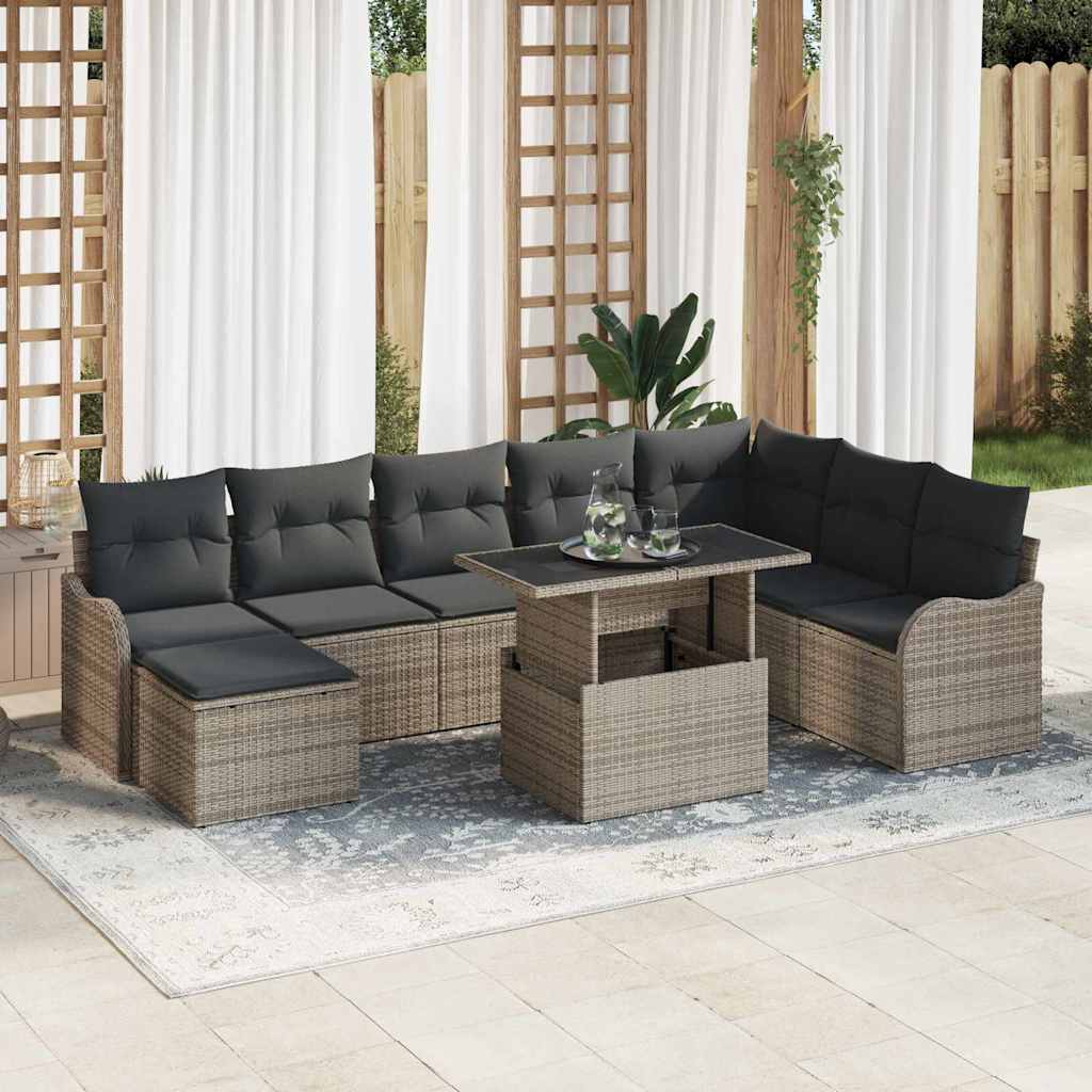 Havesofa Sæt 9 stk. Grå [Syntetisk]: Poly Rattan