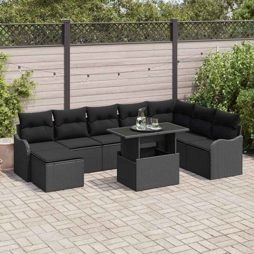 Havesofa Sæt 9 stk. Sort [Syntetisk]: Poly Rattan