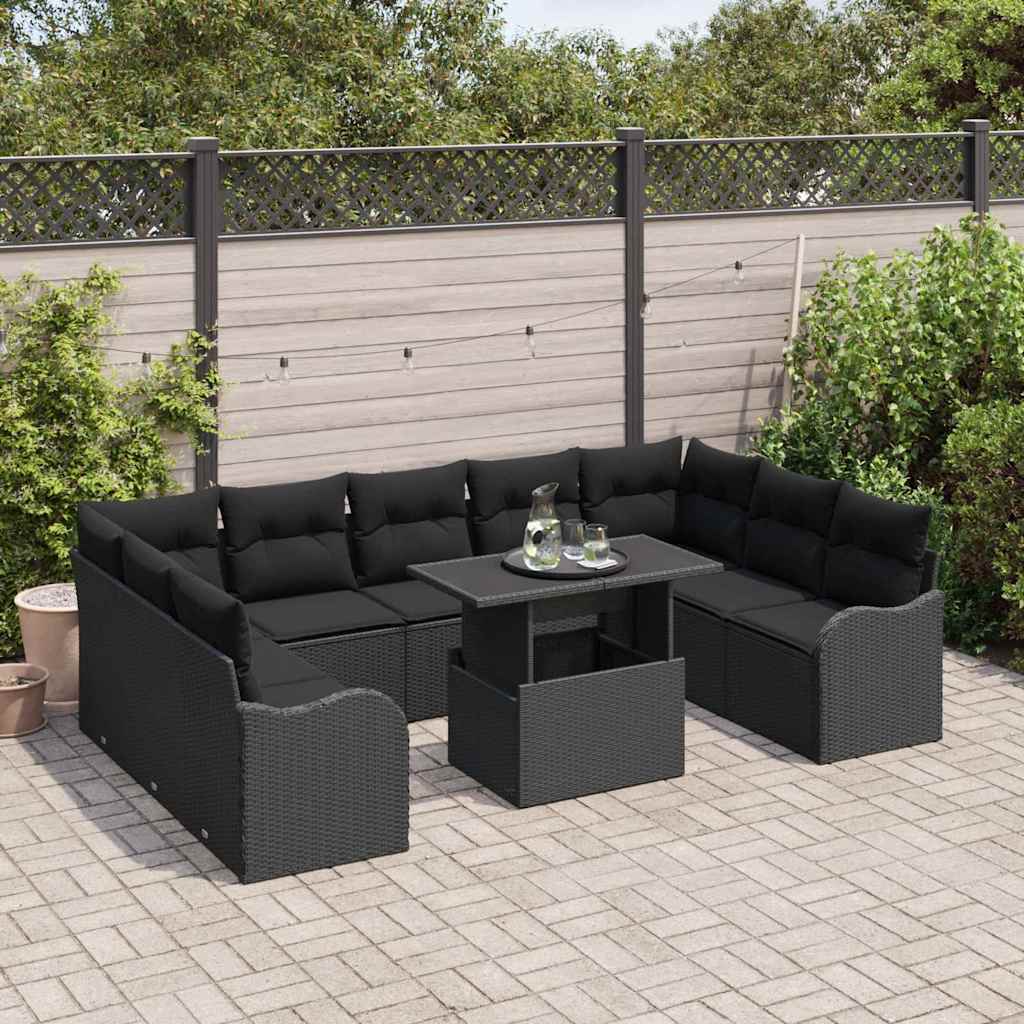 Havesofa Sæt 10 stk. 9-Antal sæder Sort Poly Rattan