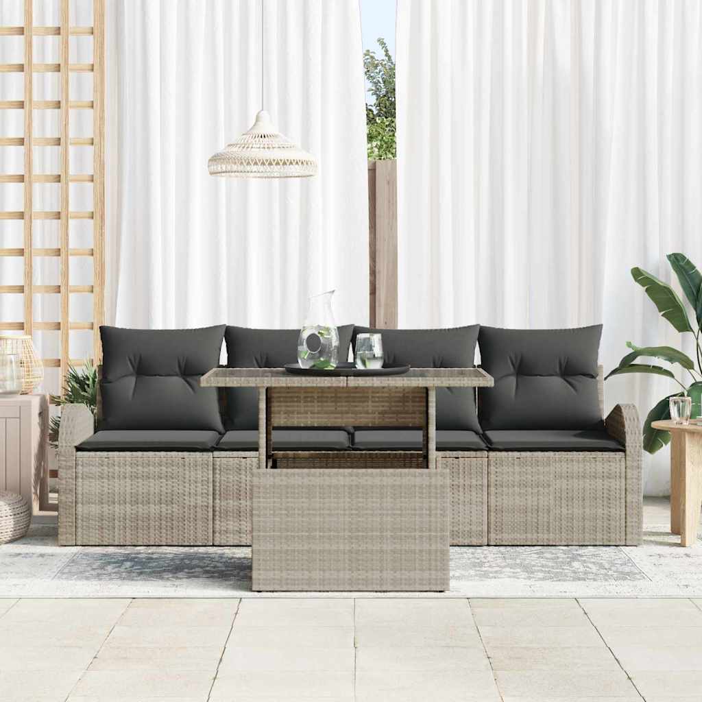 Havesofa Sæt 5 stk. Lysegrå Poly Rattan