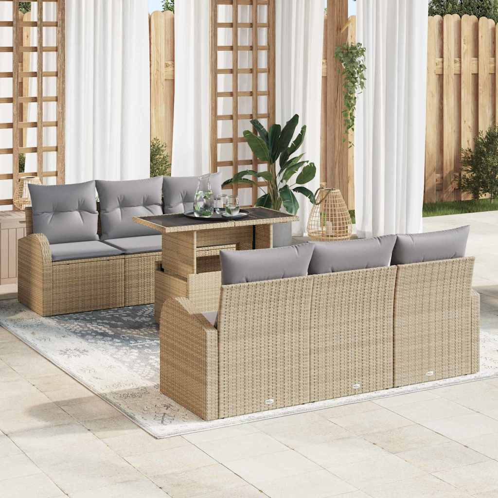 Havesofa Sæt 7 stk. Beige Poly Rattan
