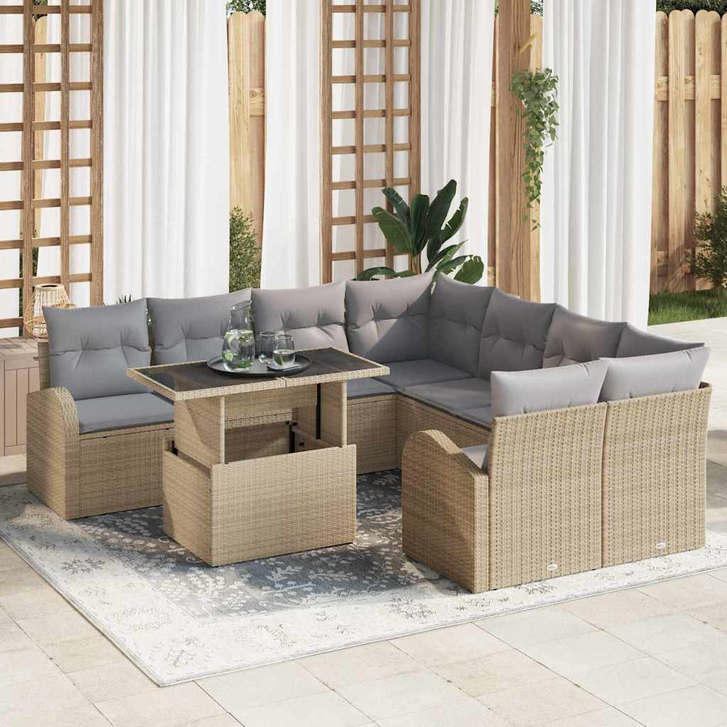 Havesofa Sæt 9 stk. Beige Poly Rattan