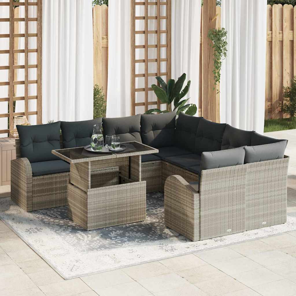 Havesofa Sæt 9 stk. Lysegrå Poly Rattan