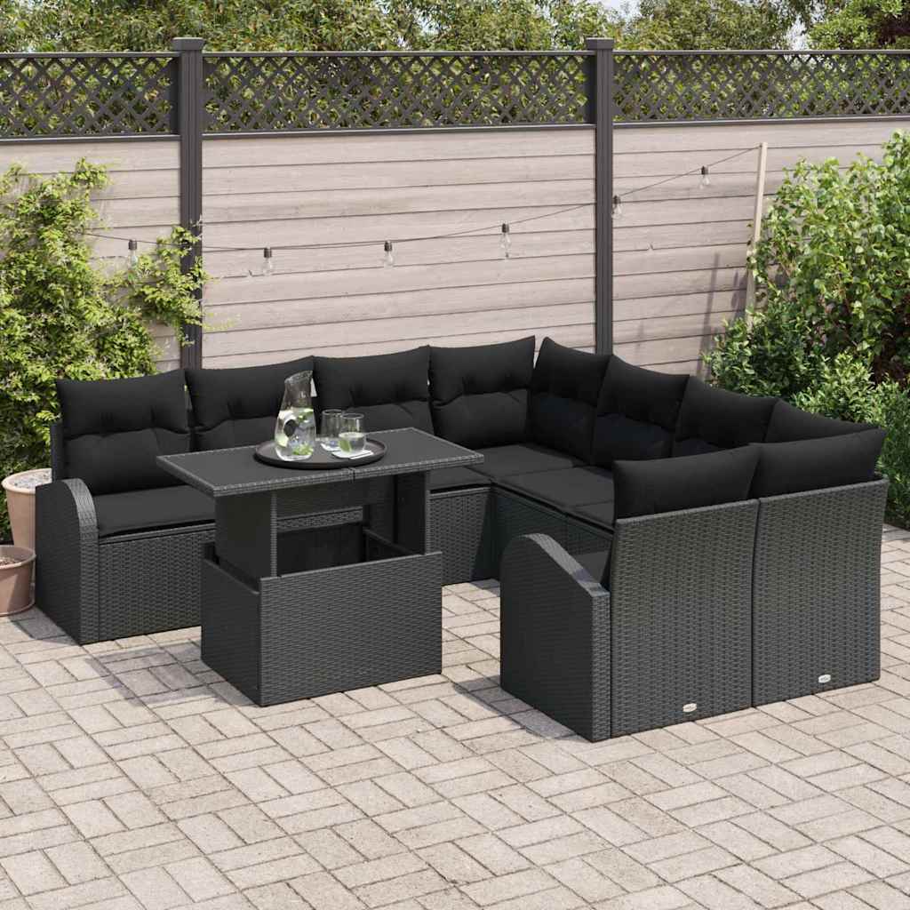 Havesofa Sæt 9 stk. Sort Poly Rattan