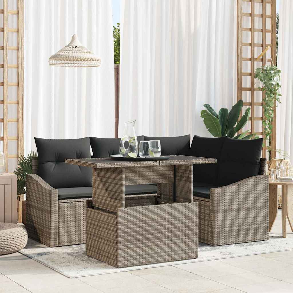 Havesofa Sæt 5 stk. Grå polyrattan, Pulverlakeret stål