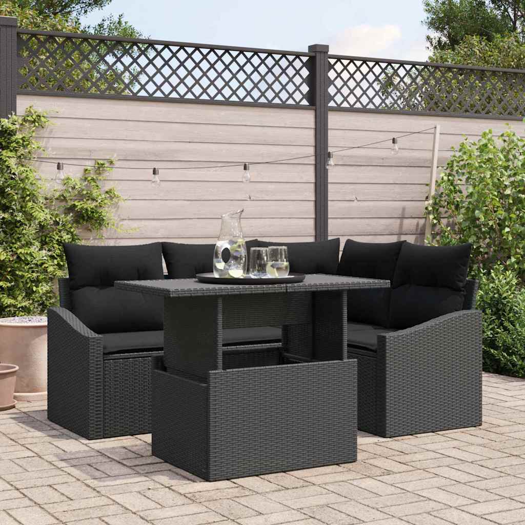 Havesofa Sæt 5 stk. Sort polyrattan, Pulverlakeret stål