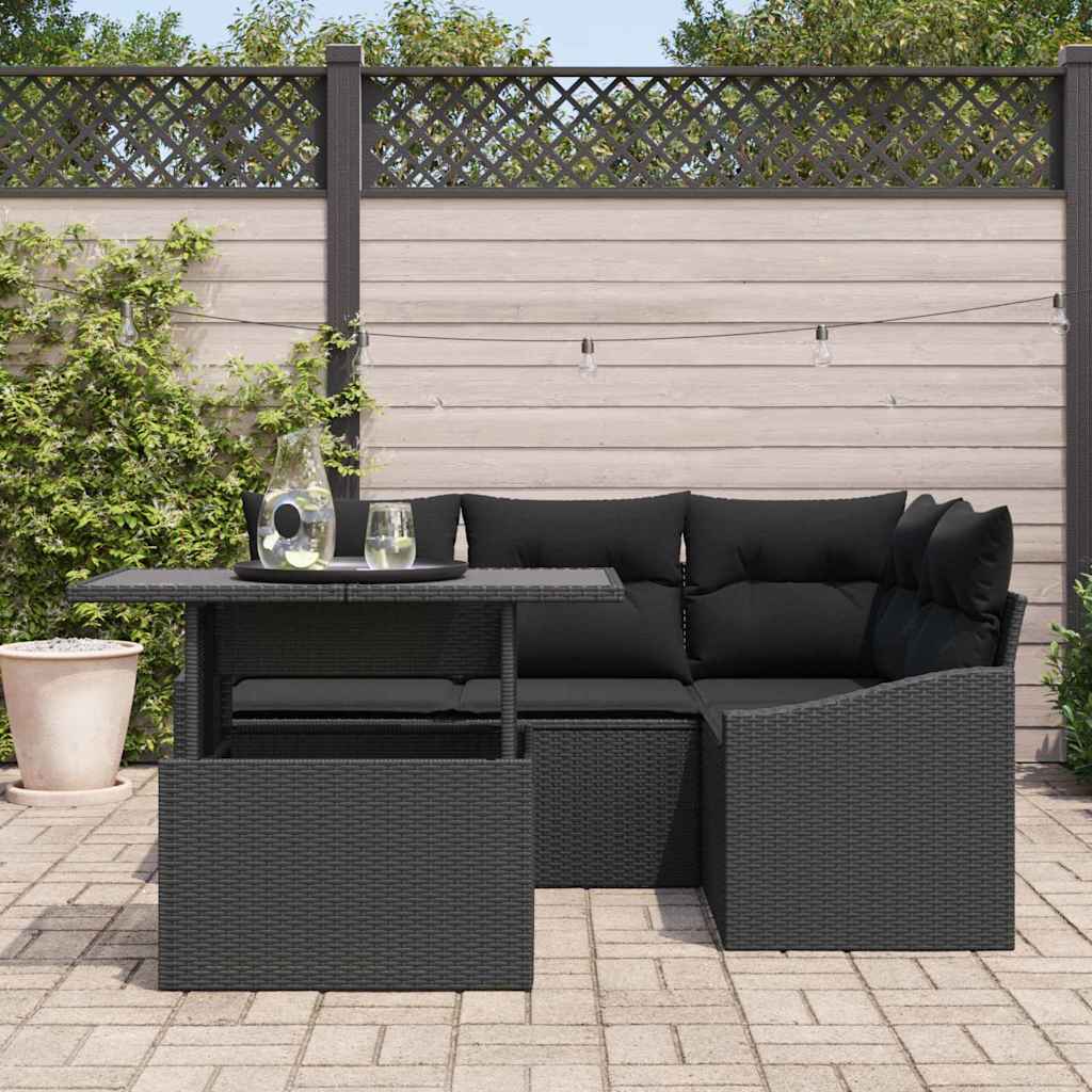 Havesofa Sæt 5 stk. Sort polyrattan, Pulverlakeret stål