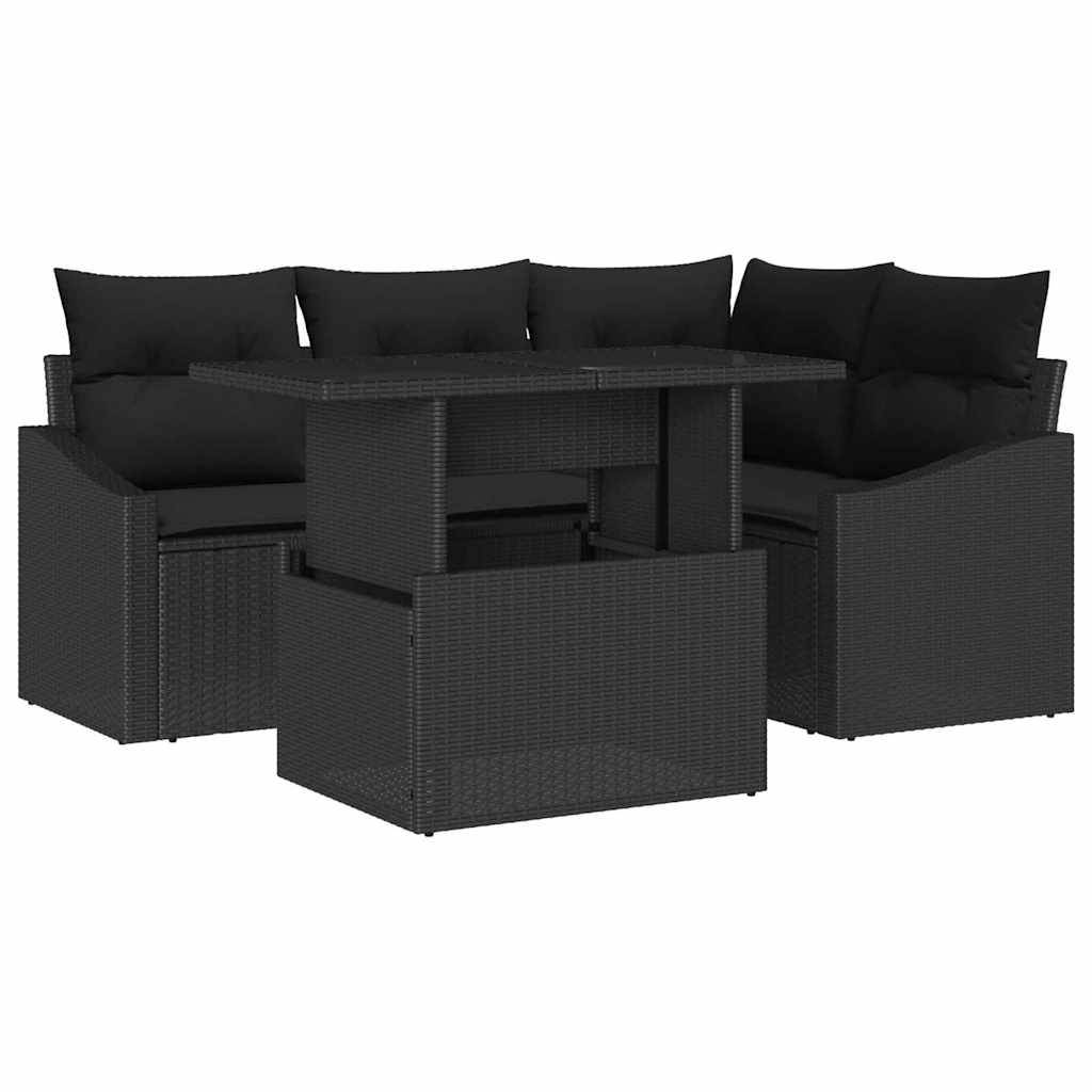 Havesofa Sæt 5 stk. Sort polyrattan, Pulverlakeret stål