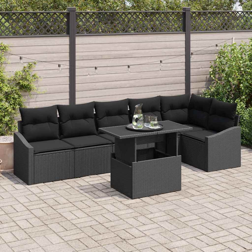 Havesofa Sæt 7 stk. Sort polyrattan, Pulverlakeret stål