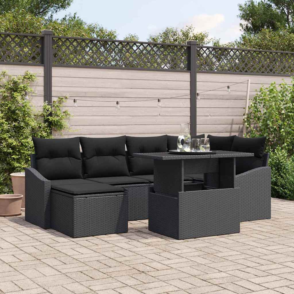 Havesofa Sæt 7 stk. Sort polyrattan, Pulverlakeret stål