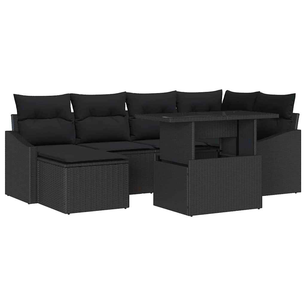 Havesofa Sæt 7 stk. Sort polyrattan, Pulverlakeret stål