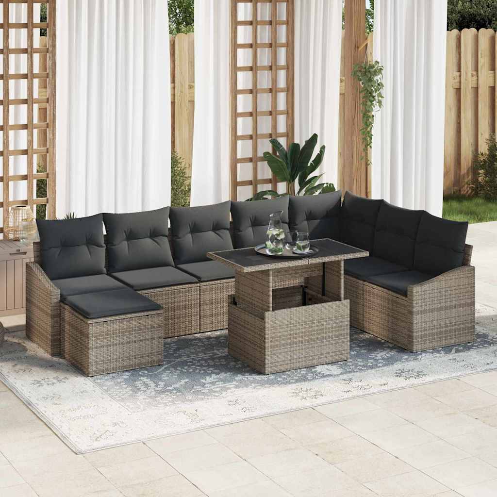 Havesofa Sæt 9 stk. Grå polyrattan, Pulverlakeret stål
