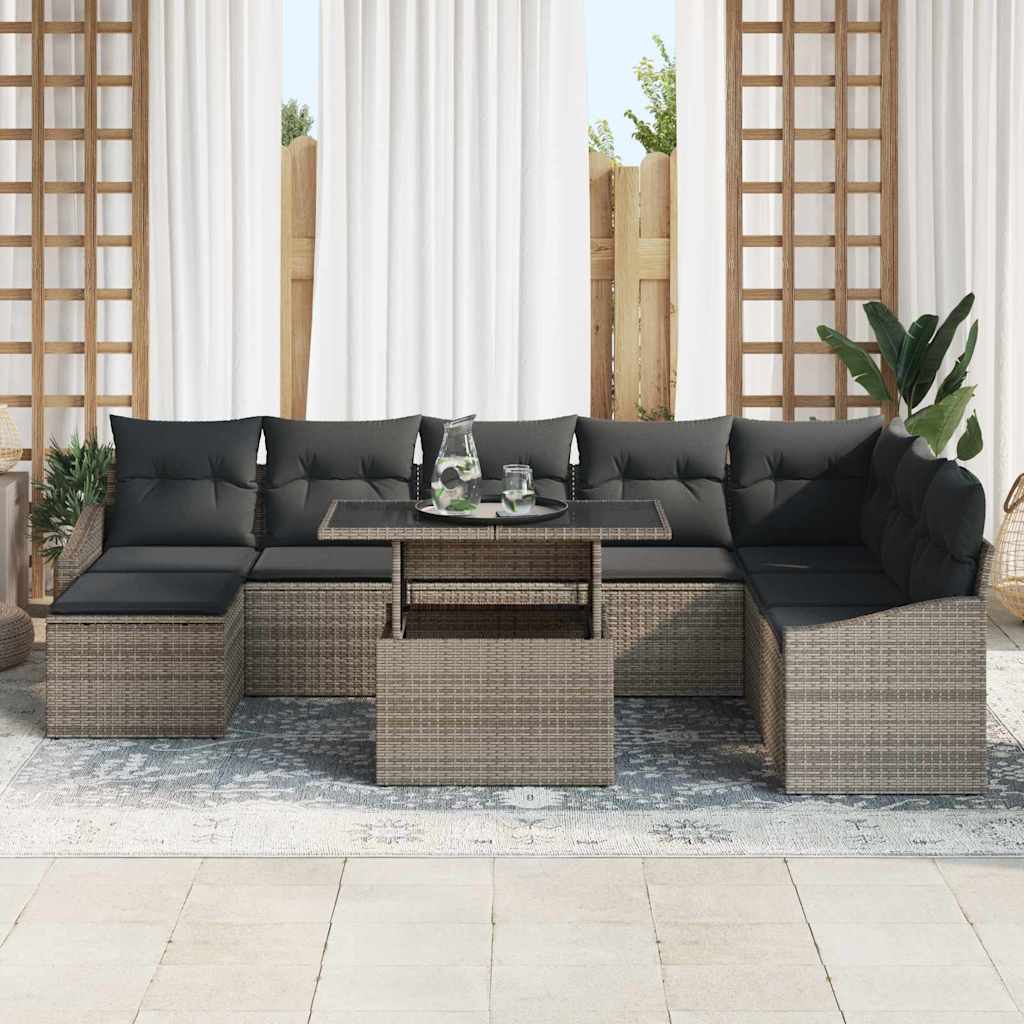 Havesofa Sæt 9 stk. Grå polyrattan, Pulverlakeret stål