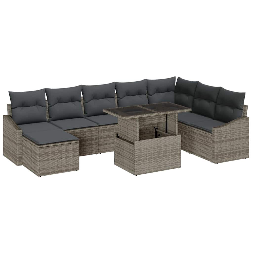 Havesofa Sæt 9 stk. Grå polyrattan, Pulverlakeret stål
