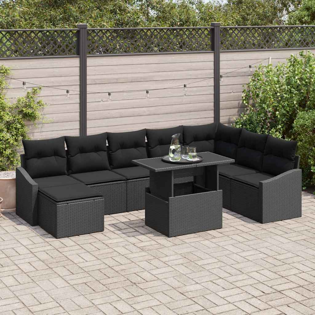 Havesofa Sæt 9 stk. Sort polyrattan, Pulverlakeret stål