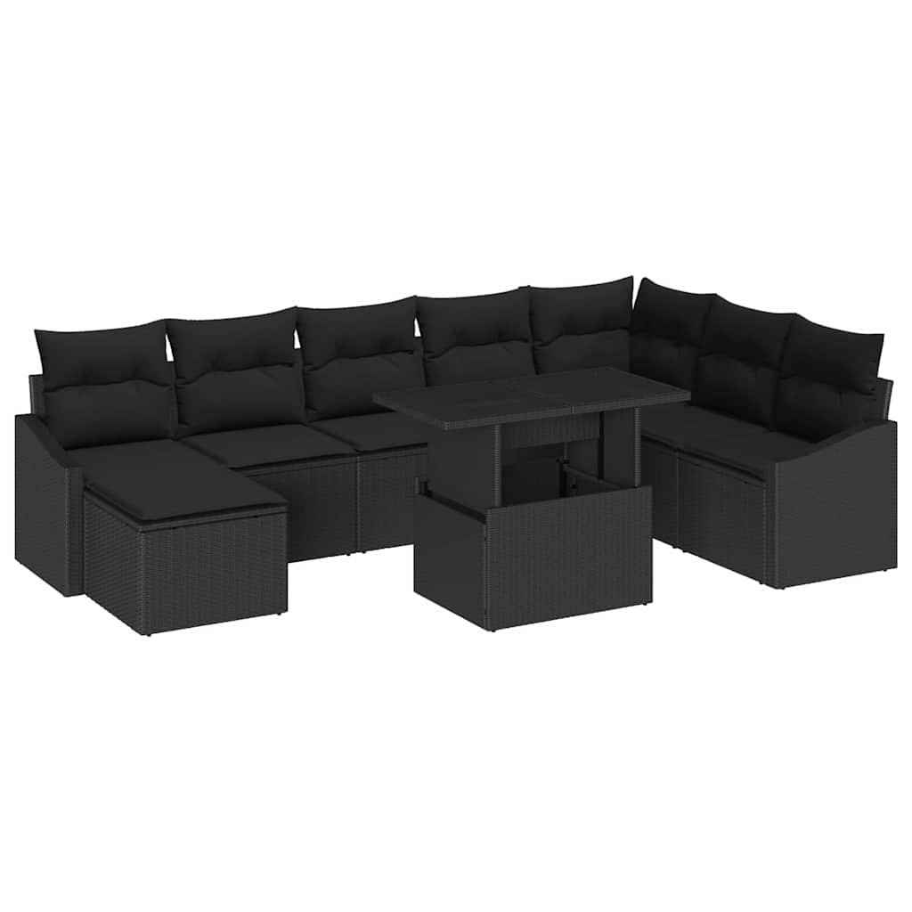 Havesofa Sæt 9 stk. Sort polyrattan, Pulverlakeret stål