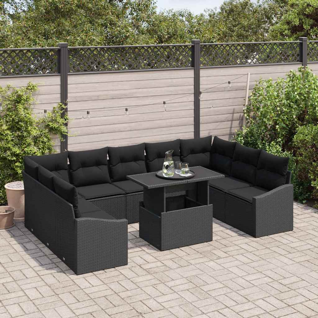 Havesofa Sæt 10 stk. Sort polyrattan, Pulverlakeret stål
