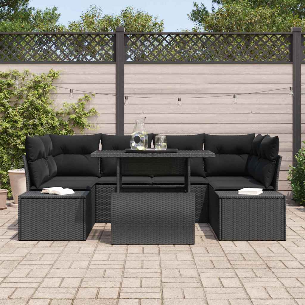 Havesofa Sæt 7 stk. Sort Poly Rattan og pulverlakeret stål