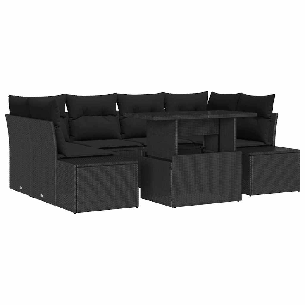 Havesofa Sæt 7 stk. Sort Poly Rattan og pulverlakeret stål