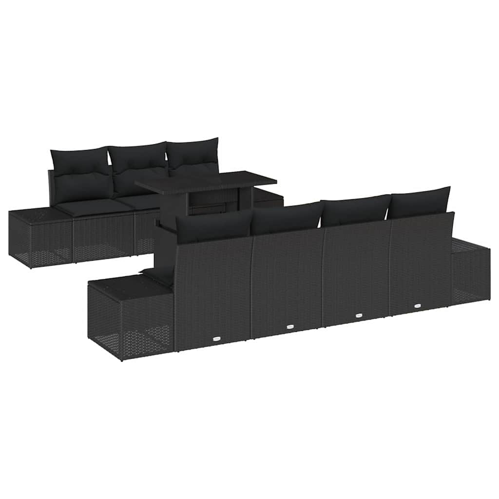 Havesofa Sæt 8 stk. Sort Poly Rattan og pulverlakeret stål