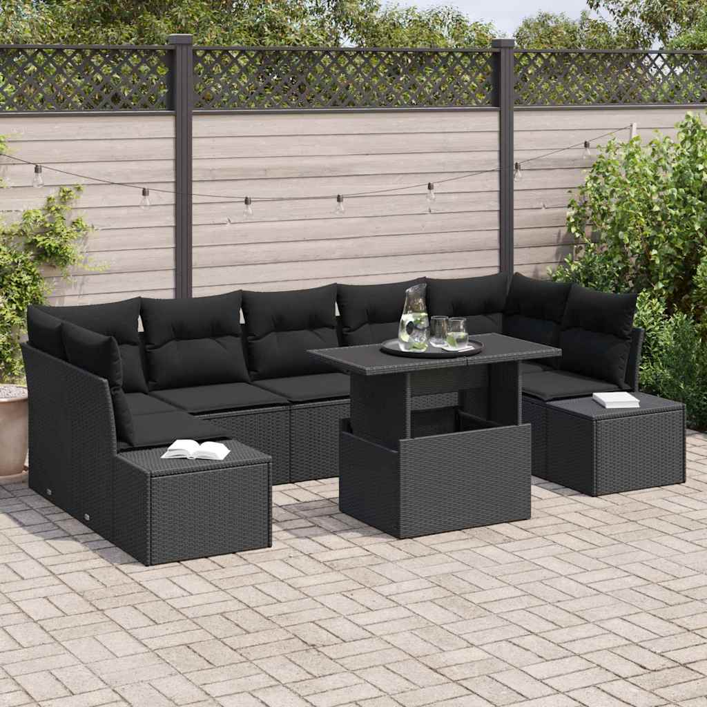 Havesofa Sæt 8 stk. Sort Poly Rattan og pulverlakeret stål