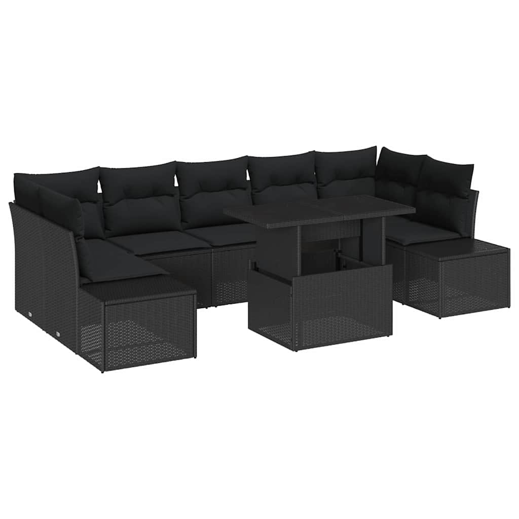 Havesofa Sæt 8 stk. Sort Poly Rattan og pulverlakeret stål